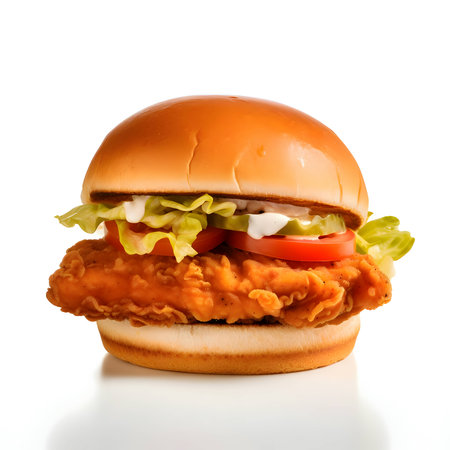 Delicious chicken burger with sauce, lettuce, cucumber, and tomato beautifully presented on a white background.の写真素材