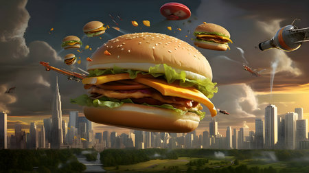 An abstract illustration featuring burgers soaring in the sky against a backdrop of a bustling cityscape.の写真素材