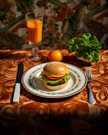 A burger with a delicious appearance, beautifully arranged on a plate, served on an elegant table.の写真素材