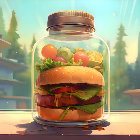 Abstract illustration - a burger captured within a large jar, creating an intriguing visual concept.の写真素材