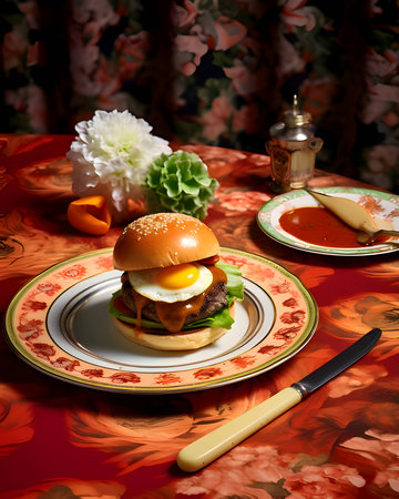 A burger with a delicious appearance, beautifully arranged on a plate, served on an elegant table.の写真素材