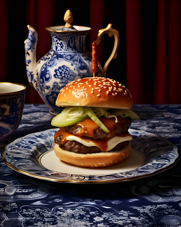 A burger with a delicious appearance, beautifully arranged on a plate, served on an elegant table.の写真素材