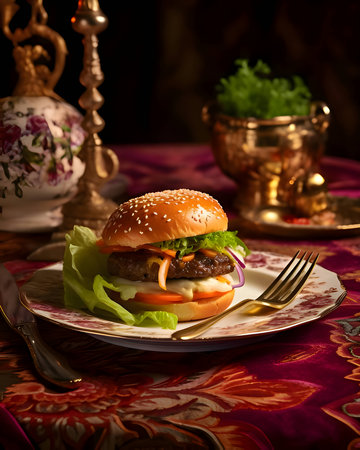 A burger with a delicious appearance, beautifully arranged on a plate, served on an elegant table.の写真素材