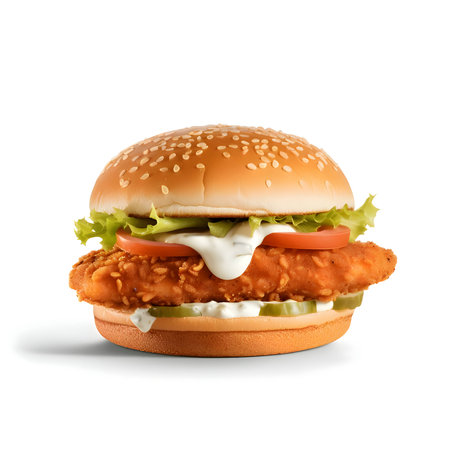 Delicious chicken burger with sauce, lettuce, cucumber, and tomato beautifully presented on a white background.Delicious chicken burger with sauce, lettuce, cucumber, and tomato beautifully presented on a white background.の写真素材
