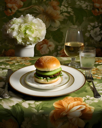 A burger with a delicious appearance, beautifully arranged on a plate, served on an elegant table.の写真素材