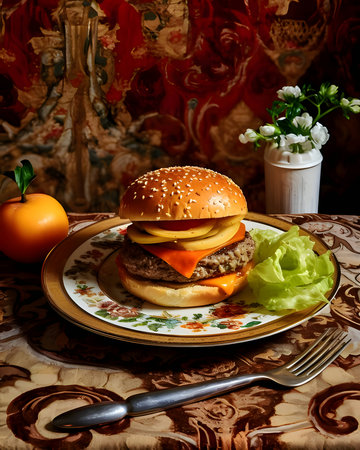 A burger with a delicious appearance, beautifully arranged on a plate, served on an elegant table.の写真素材