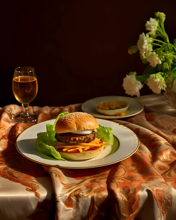 A burger with a delicious appearance, beautifully arranged on a plate, served on an elegant table.の写真素材