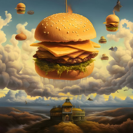 Abstract illustration - a burger soaring in the sky against a vibrant cityscape background.の写真素材