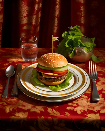 A burger with a delicious appearance, beautifully arranged on a plate, served on an elegant table.の写真素材