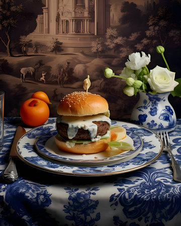 A burger with a delicious appearance, beautifully arranged on a plate, served on an elegant table.の写真素材