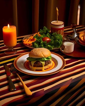 A burger with a delicious appearance, beautifully arranged on a plate, served on an elegant table.の写真素材