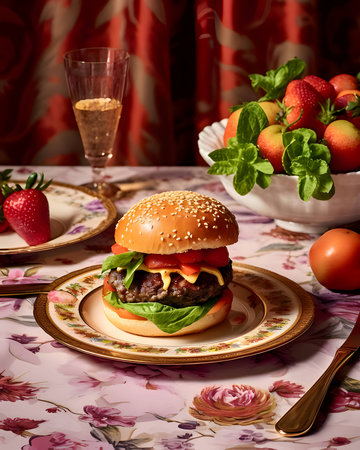 A burger with a delicious appearance, beautifully arranged on a plate, served on an elegant table.の写真素材