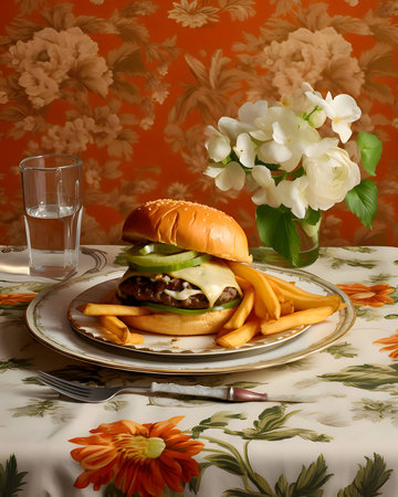 A burger with a delicious appearance, beautifully arranged on a plate, served on an elegant table.の写真素材
