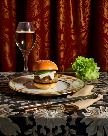 A burger with a delicious appearance, beautifully arranged on a plate, served on an elegant table.の写真素材