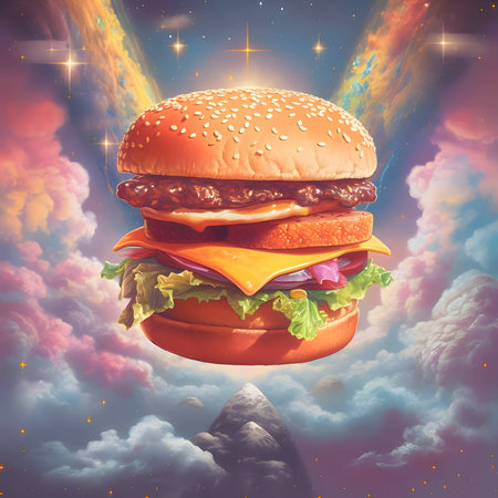 Abstract illustration - a burger soaring in the sky against a vibrant cityscape background.の写真素材