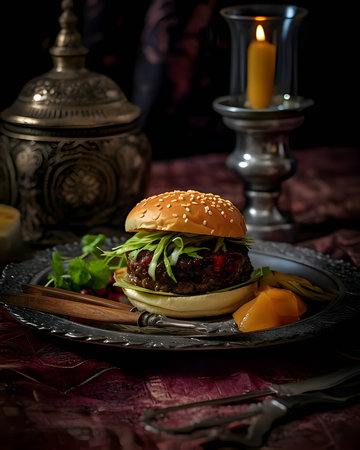 A burger with a delicious appearance, beautifully arranged on a plate, served on an elegant table.の写真素材