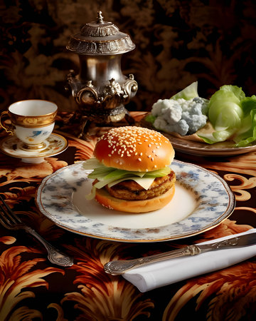 A burger with a delicious appearance, beautifully arranged on a plate, served on an elegant table.の写真素材