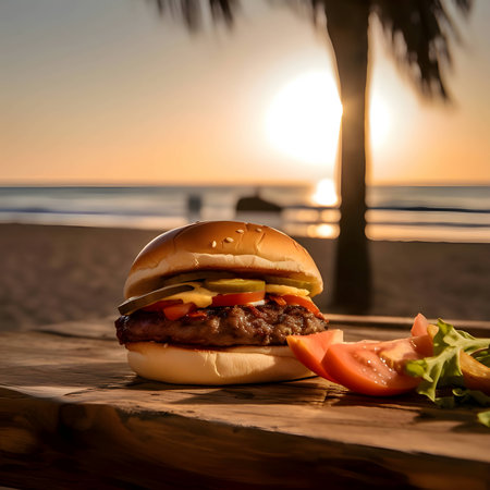 A delectable hamburger placed on a rustic wooden table, complemented by a picturesque backdrop of a plaza, serene sea, and radiant sun.の写真素材
