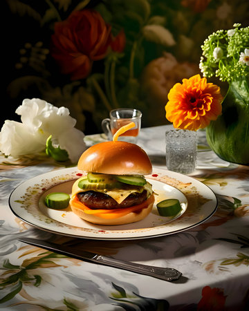A burger with a delicious appearance, beautifully arranged on a plate, served on an elegant table.の写真素材