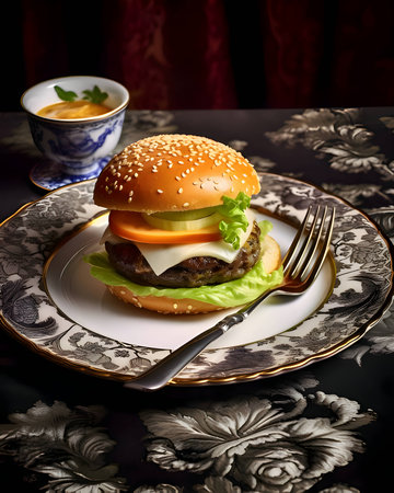 A burger with a delicious appearance, beautifully arranged on a plate, served on an elegant table.の写真素材