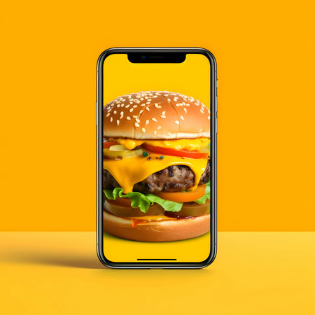 A burger displayed on a smartphone with a vibrant yellow background.の写真素材