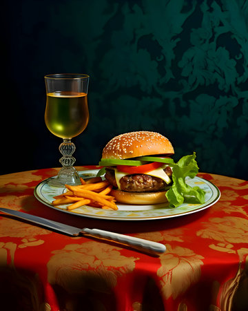 A burger with a delicious appearance, beautifully arranged on a plate, served on an elegant table.の写真素材
