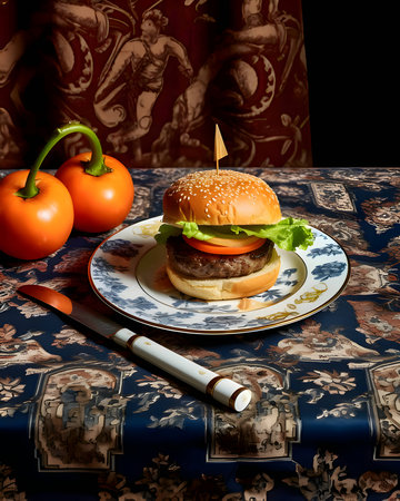 A burger with a delicious appearance, beautifully arranged on a plate, served on an elegant table.の写真素材