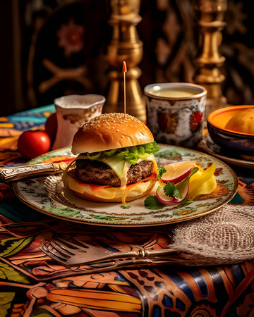 A burger with a delicious appearance, beautifully arranged on a plate, served on an elegant table.の写真素材