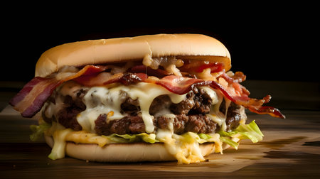 Scrumptious hamburger with melted cheese, fresh lettuce, savory sauce, and crispy bacon, showcased against a striking black background.の写真素材