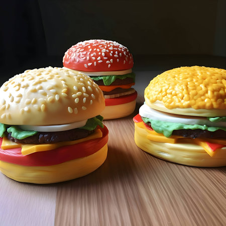 Three miniature toy burgers are playfully displayed on a wooden table, creating a delightful scene that sparks imagination and playful enjoyment.の写真素材
