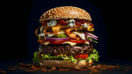 A colossal hamburger towering with layers of crisp lettuce, juicy tomato, melted cheese, savory bacon, and topped with a fluffy bun, all set against a striking black backdrop.の写真素材