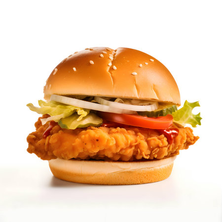 Delicious chicken burger with lettuce, sauce, onion, cucumber, and tomato on a white background. Enjoy a flavorful and satisfying bite!の写真素材
