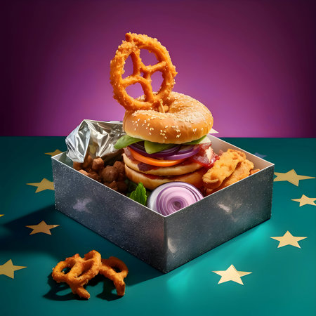 A delicious burger accompanied by crispy nuggets, neatly placed in a box, sits on a table, ready to be enjoyed. A tempting combination of flavors and textures awaits.の写真素材