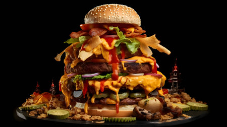 Indulge in the triple delight of a mouthwatering hamburger with three layers of cheese, fresh lettuce, savory sauce, crispy bacon, and the perfect combination of onion and tomato.の写真素材