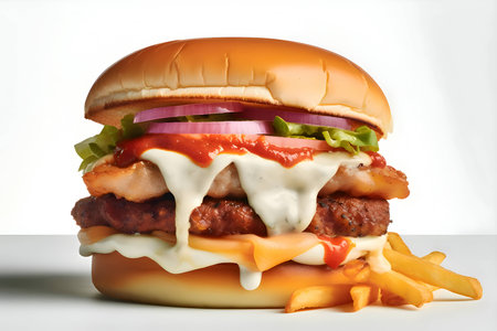Delicious hamburger with savory sauces, crisp lettuce, crispy bacon, and flavorful onions served on a pristine white background.の写真素材