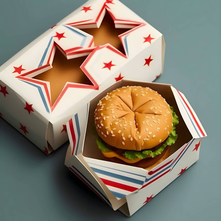 Elegant burger box - an illustrative masterpiece with stars and two tantalizing burgers in the background. A visual delight for burger enthusiasts.の写真素材