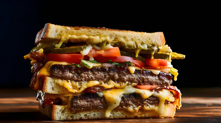 Delicious toast burger with cheese, sauce, tomato, and cucumber on a black background.の写真素材