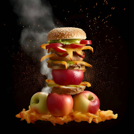 Hamburger made with apples on a striking black background, offering a unique and creative twist to the traditional burger concept.の写真素材