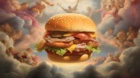 Abstract illustration: a mouthwatering hamburger soaring against the vast expanse of the sky.の写真素材