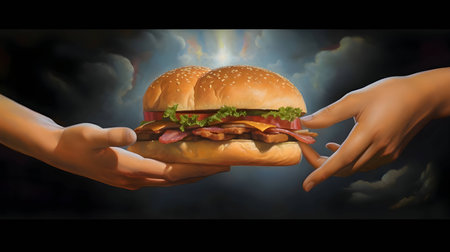 Abstract illustration: a mouthwatering hamburger soaring against the vast expanse of the sky.の写真素材
