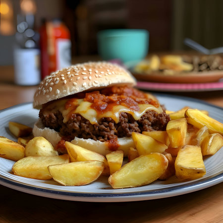 Deliciously crispy baked potatoes complemented by a juicy hamburger on a plate, creating a mouthwatering meal that satisfies both cravings and hunger.の写真素材