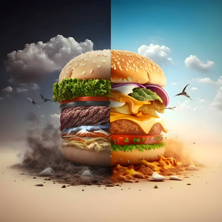 An artistic illustration showcases a hamburger in a captivating new-old and day-night format, adding a touch of creativity to the iconic food.の写真素材
