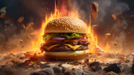 A sizzling burger with crisp lettuce, melted cheese, and savory onions, guaranteed to ignite your taste buds. An ideal choice for captivating advertisements.の写真素材
