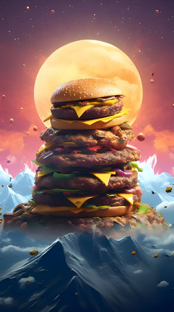Illustration: A colossal hamburger towering like a mountain, set against the backdrop of a radiant yellow moon, creating a surreal and captivating scene of gastronomic grandeur.の写真素材
