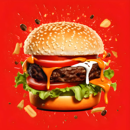 A mouthwatering hamburger on a vibrant red background. It features a juicy patty topped with fresh lettuce, melted cheese, flavorful sauce, crisp onion slices, and ripe tomato.の写真素材