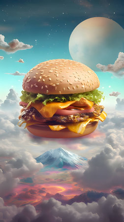 Abstract Illustration: A delectable hamburger floats against a captivating sky, forming a visually enticing composition that stimulates the senses.の写真素材