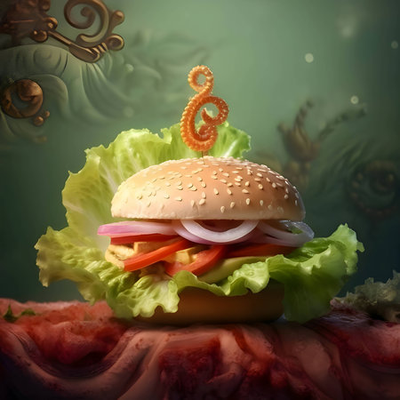 A captivating illustration features a tantalizing hamburger on a solid background, inviting you to savor its deliciousness.の写真素材
