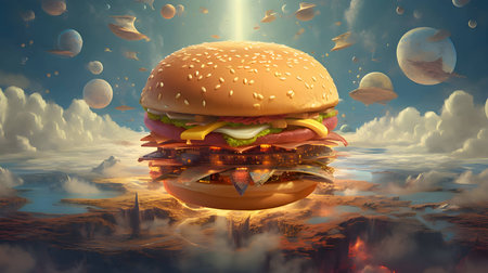 Abstract Illustration: A delectable hamburger floats against a captivating sky, forming a visually enticing composition that stimulates the senses.の写真素材