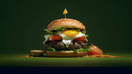 A scrumptious hamburger featuring fresh lettuce, juicy tomato slices, and a perfectly cooked egg, creating a delightful combination of flavors.の写真素材