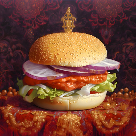 A captivating illustration features a tantalizing hamburger on a solid background, inviting you to savor its deliciousness.の写真素材